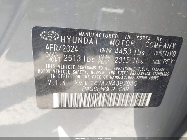 Aukcja sprzedaży 2024 Hyundai Sonata Sel, vin: KMHL14JA7RA397945, numer aukcji: 45660777