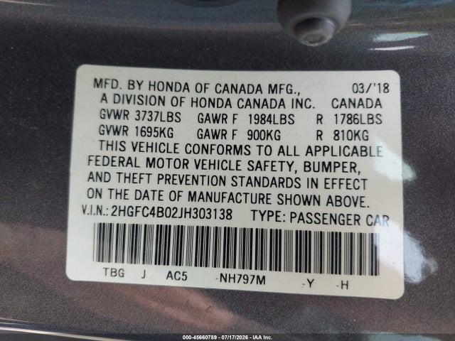 Aukcja sprzedaży 2018 Honda Civic Lx-p, vin: 2HGFC4B02JH303138, numer aukcji: 45660789