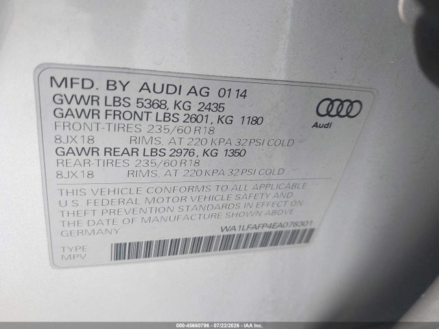 Продаж на аукціоні авто 2014 Audi Q5 2.0t Premium, vin: WA1LFAFP4EA078301, номер лоту: 45660796
