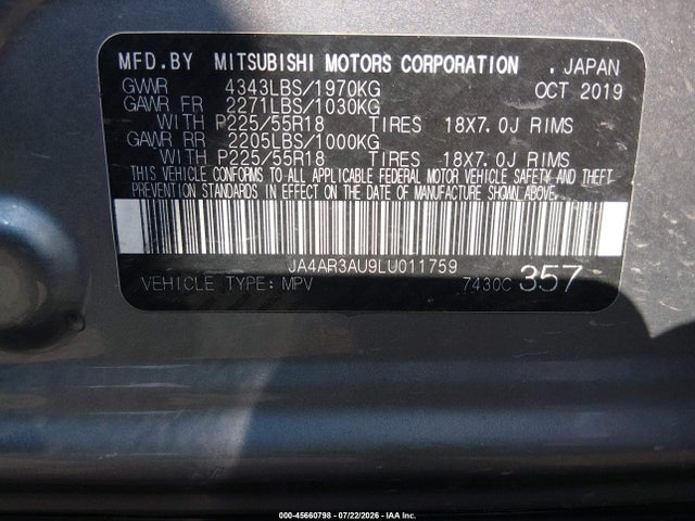 Aukcja sprzedaży 2020 Mitsubishi Outlander Sport 2.0 Es Awc, vin: JA4AR3AU9LU011759, numer aukcji: 45660798