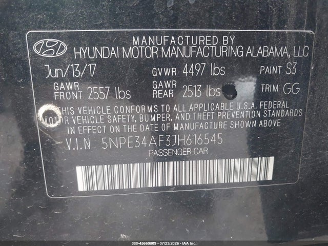 Aukcja sprzedaży 2018 Hyundai Sonata Sel, vin: 5NPE34AF3JH616545, numer aukcji: 45660809