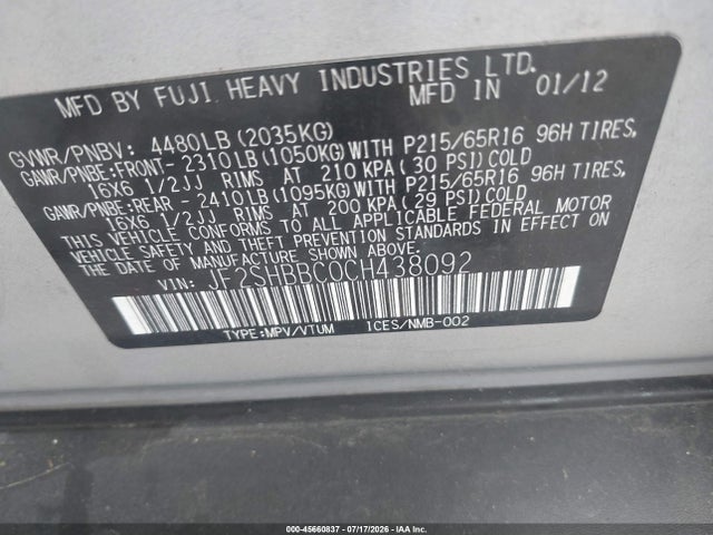 Продажа на аукционе авто 2012 Subaru Forester 2.5x, vin: JF2SHBBC0CH438092, номер лота: 45660837
