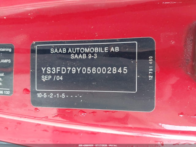 2005 Saab 9-3 Arc მანქანა იყიდება აუქციონზე, vin: YS3FD79Y056002845, აუქციონის ნომერი: 45660855