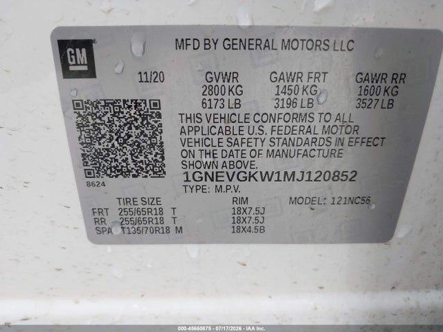 45660875 :رقم المزاد ، 1GNEVGKW1MJ120852 vin ، 2021 Chevrolet Traverse Awd Lt Cloth مزاد بيع
