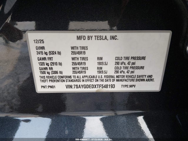 Aukcja sprzedaży 2026 Tesla Model Y Premium Rear-wheel Drive/rear-wheel Drive, vin: 7SAYGDEDXTF548193, numer aukcji: 45660877