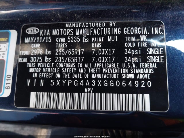 Продаж на аукціоні авто 2016 Kia Sorento 2.4l Lx, vin: 5XYPG4A3XGG064920, номер лоту: 45660889