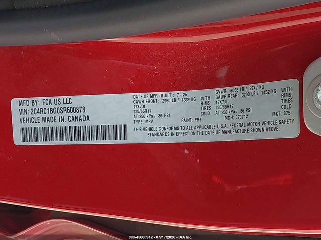 45660912 :رقم المزاد ، 2C4RC1BG0SR600878 vin ، 2025 Chrysler Pacifica Select مزاد بيع