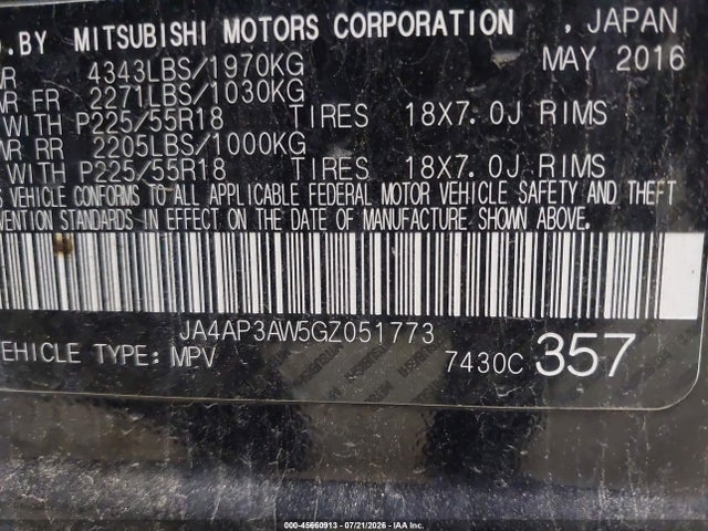 45660913 :رقم المزاد ، JA4AP3AW5GZ051773 vin ، 2016 Mitsubishi Outlander Sport 2.4 Es مزاد بيع