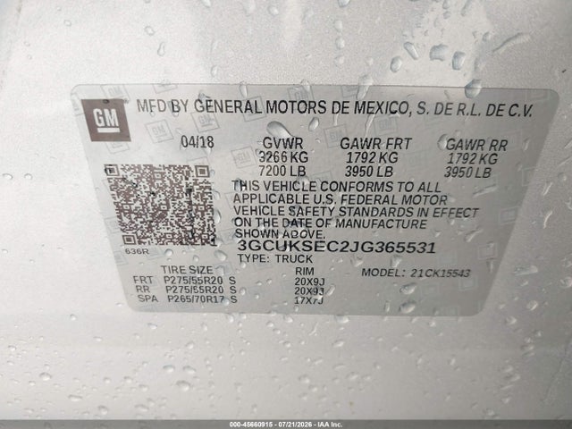 Aukcja sprzedaży 2018 Chevrolet Silverado 1500 2lz, vin: 3GCUKSEC2JG365531, numer aukcji: 45660915