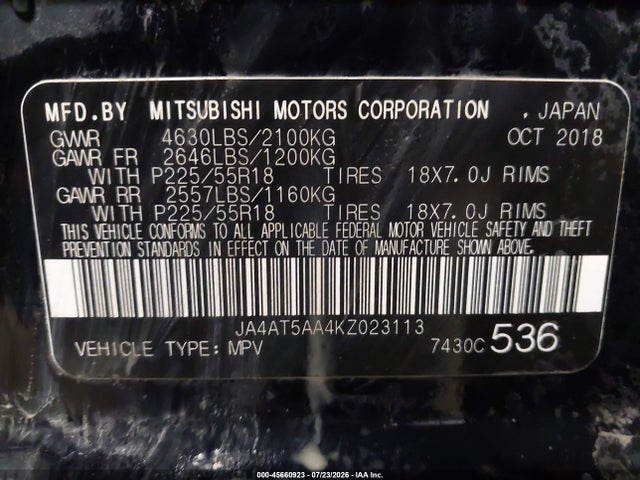 45660923 :رقم المزاد ، JA4AT5AA4KZ023113 vin ، 2019 Mitsubishi Eclipse Cross Se مزاد بيع