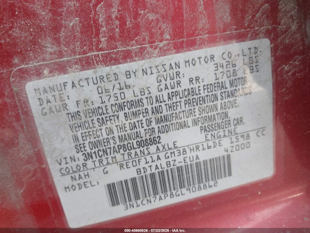 3N1CN7AP8GL908862 Nissan Versa 1.6 Sv