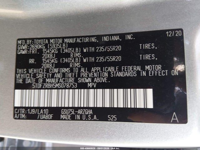 2021 Toyota Highlander Platinum მანქანა იყიდება აუქციონზე, vin: 5TDFZRBH5MS078753, აუქციონის ნომერი: 45660928