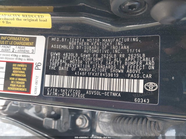 2015 Toyota Camry Le მანქანა იყიდება აუქციონზე, vin: 4T4BF1FKXFR459819, აუქციონის ნომერი: 45660941
