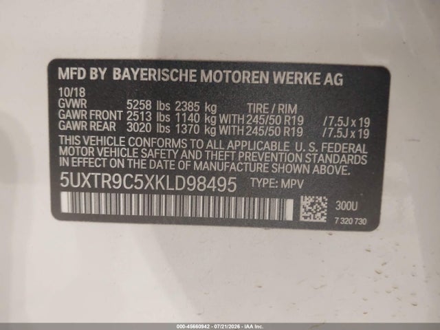45660942 :رقم المزاد ، 5UXTR9C5XKLD98495 vin ، 2019 Bmw X3 Xdrive30i مزاد بيع