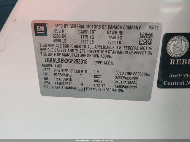Продаж на аукціоні авто 2016 Gmc Terrain Sle-2, vin: 2GKALNEK3G6293918, номер лоту: 45660961