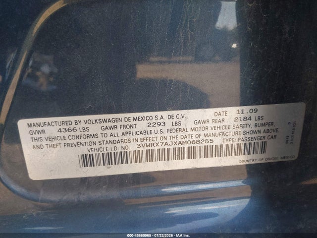 Aukcja sprzedaży 2010 Volkswagen Jetta Se, vin: 3VWRX7AJXAM068255, numer aukcji: 45660965