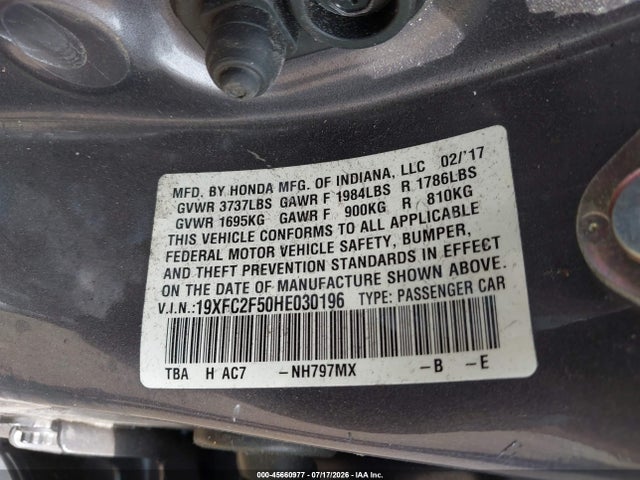 2017 Honda Civic Lx მანქანა იყიდება აუქციონზე, vin: 19XFC2F50HE030196, აუქციონის ნომერი: 45660977