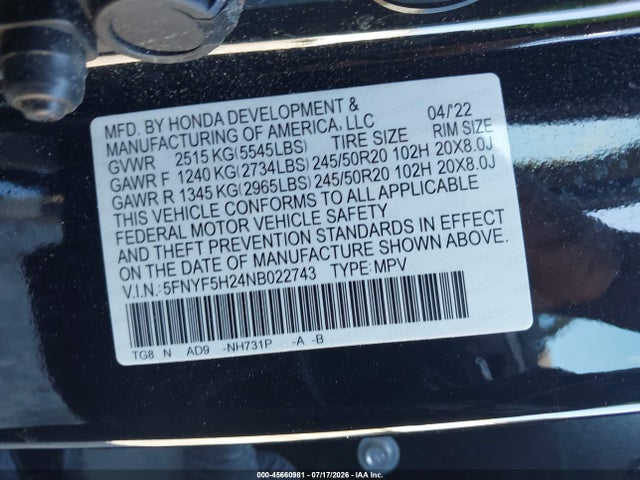 5FNYF5H24NB022743 Honda Pilot 2wd Special Edition