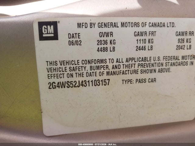 2003 Buick Century Custom მანქანა იყიდება აუქციონზე, vin: 2G4WS52J431103157, აუქციონის ნომერი: 45660986
