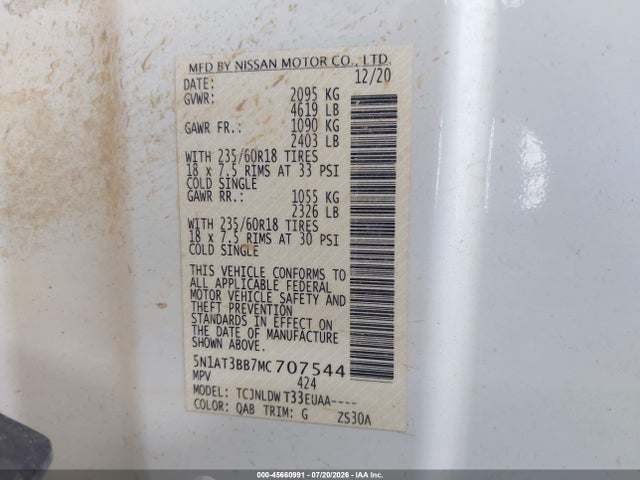 2021 Nissan Rogue Sv Intelligent Awd მანქანა იყიდება აუქციონზე, vin: 5N1AT3BB7MC707544, აუქციონის ნომერი: 45660991
