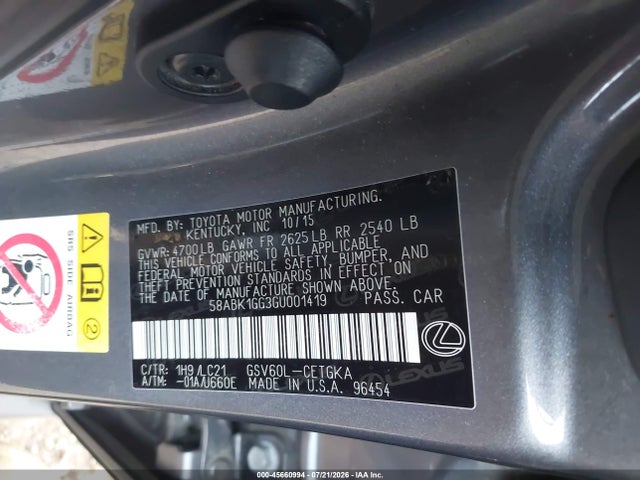 Продажа на аукционе авто 2016 Lexus Es 350, vin: 58ABK1GG3GU001419, номер лота: 45660994