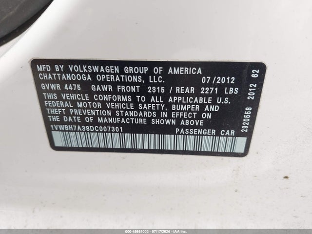 45661003 :رقم المزاد ، 1VWBH7A38DC007301 vin ، 2013 Volkswagen Passat 2.5l Se مزاد بيع