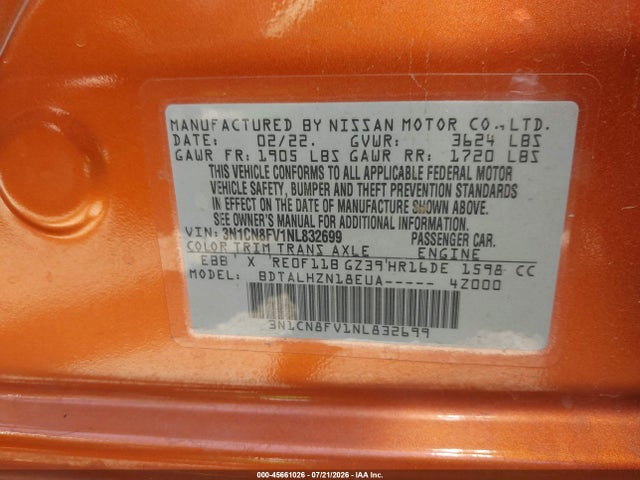 2022 Nissan Versa 1.6 Sr Xtronic Cvt მანქანა იყიდება აუქციონზე, vin: 3N1CN8FV1NL832699, აუქციონის ნომერი: 45661026