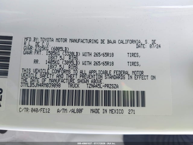 45661027 :رقم المزاد ، 3TMLB5JN4RM039098 vin ، 2024 Toyota Tacoma Trd Sport مزاد بيع