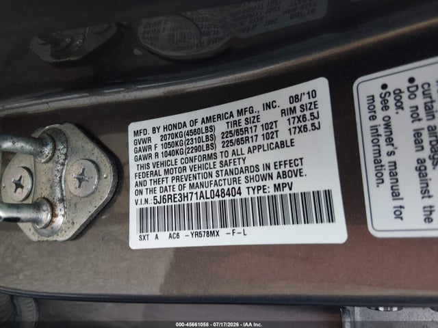2010 Honda Cr-v Ex-l მანქანა იყიდება აუქციონზე, vin: 5J6RE3H71AL048404, აუქციონის ნომერი: 45661058