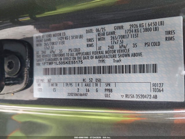Продажа на аукционе авто 2025 Ford F-150 Xl, vin: 1FTMF1L50SKE55175, номер лота: 45661060