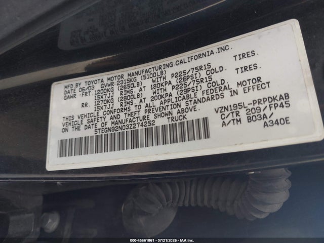 2003 Toyota Tacoma Prerunner V6 მანქანა იყიდება აუქციონზე, vin: 5TEGN92N03Z274252, აუქციონის ნომერი: 45661061