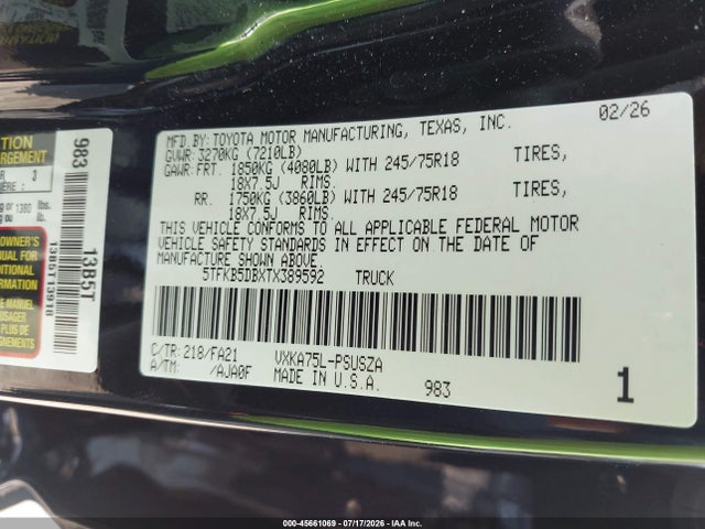 Aukcja sprzedaży 2026 Toyota Tundra Sr Crewmax 5.5' Bed, vin: 5TFKB5DBXTX389592, numer aukcji: 45661069
