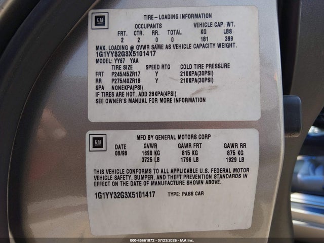 1999 Chevrolet Corvette მანქანა იყიდება აუქციონზე, vin: 1G1YY32G3X5101417, აუქციონის ნომერი: 45661072