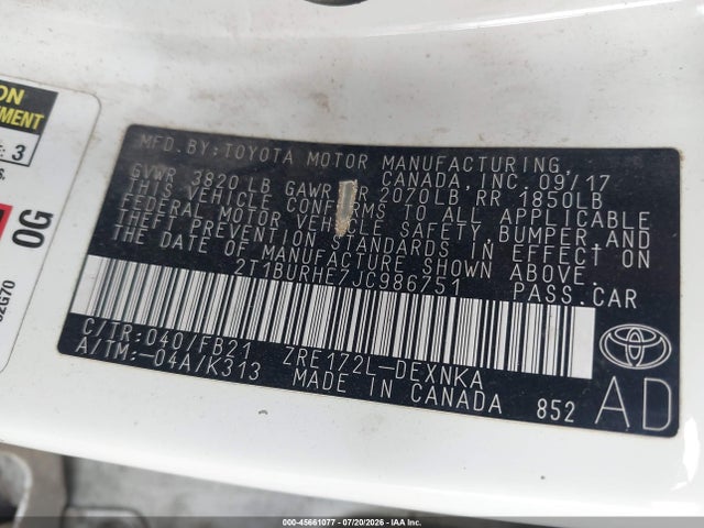 Toyota COROLLA LE 2018 2T1BURHE7JC986751 Image 9