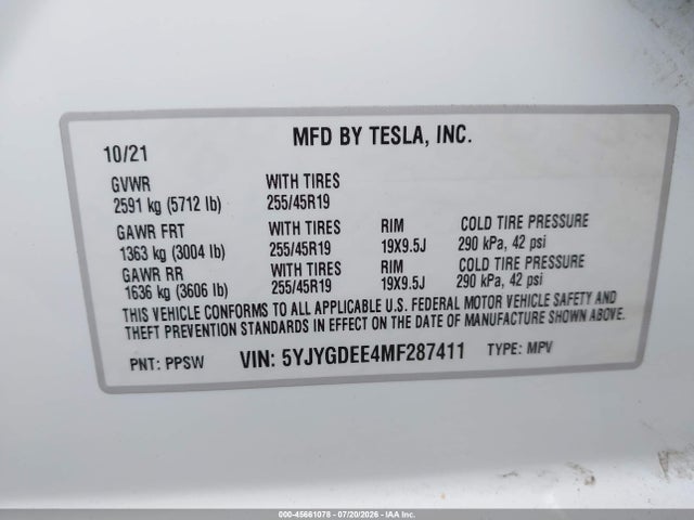 45661078 :رقم المزاد ، 5YJYGDEE4MF287411 vin ، 2021 Tesla Model Y Long Range Dual Motor All-wheel Drive مزاد بيع