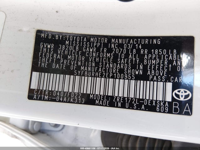 Aukcja sprzedaży 2014 Toyota Corolla S, vin: 5YFBURHE2EP100955, numer aukcji: 45661106