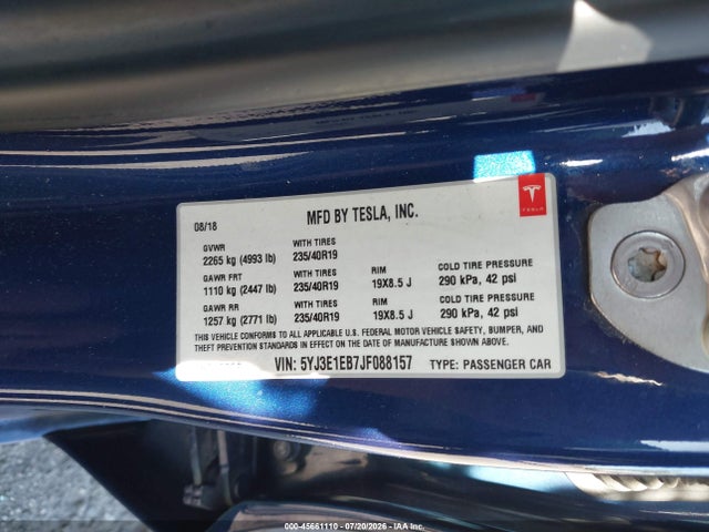 45661110 :رقم المزاد ، 5YJ3E1EB7JF088157 vin ، 2018 Tesla Model 3 Long Range/performance مزاد بيع