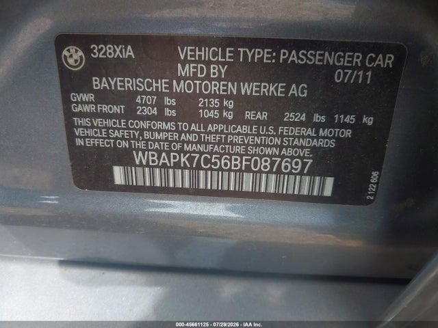 2011 Bmw 328i Xdrive მანქანა იყიდება აუქციონზე, vin: WBAPK7C56BF087697, აუქციონის ნომერი: 45661125