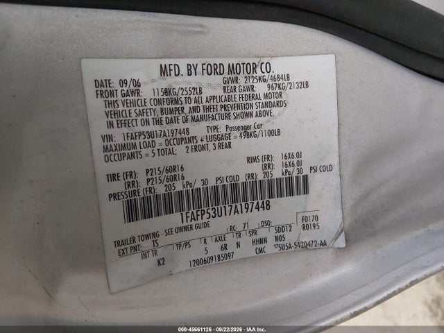 Продажа на аукционе авто 2007 Ford Taurus Se, vin: 1FAFP53U17A197448, номер лота: 45661126