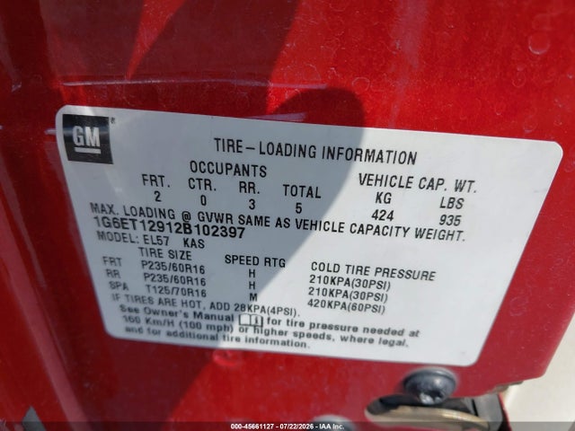 2002 Cadillac Eldorado Touring Etc მანქანა იყიდება აუქციონზე, vin: 1G6ET12912B102397, აუქციონის ნომერი: 45661127