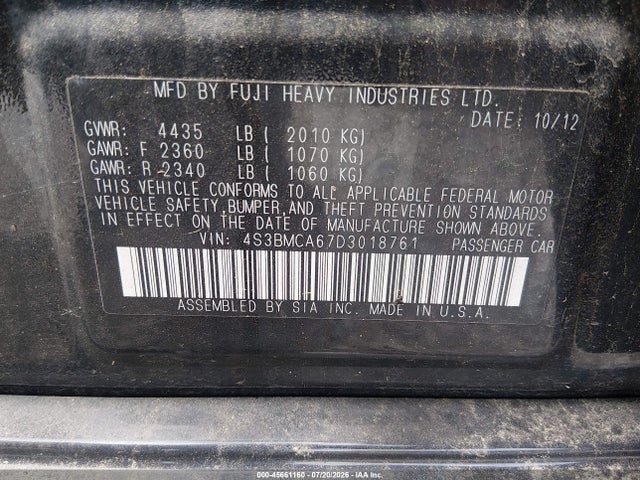 45661160 :رقم المزاد ، 4S3BMCA67D3018761 vin ، 2013 Subaru Legacy 2.5i مزاد بيع
