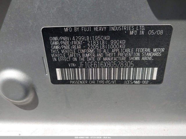 Продаж на аукціоні авто 2008 Subaru Impreza  (natl) I W/premium Pkg, vin: JF1GE616X8G528305, номер лоту: 45661168