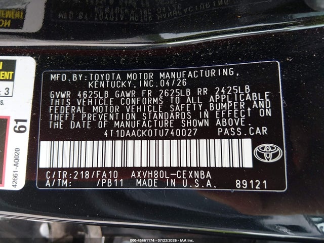 Aukcja sprzedaży 2026 Toyota Camry Le, vin: 4T1DAACK0TU740027, numer aukcji: 45661174