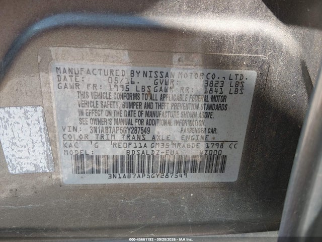 45661192 :رقم المزاد ، 3N1AB7AP5GY287549 vin ، 2016 Nissan Sentra Sv مزاد بيع