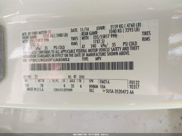 Продаж на аукціоні авто 2015 Ford Escape Se, vin: 1FMCU9GX0FUA93852, номер лоту: 45661193