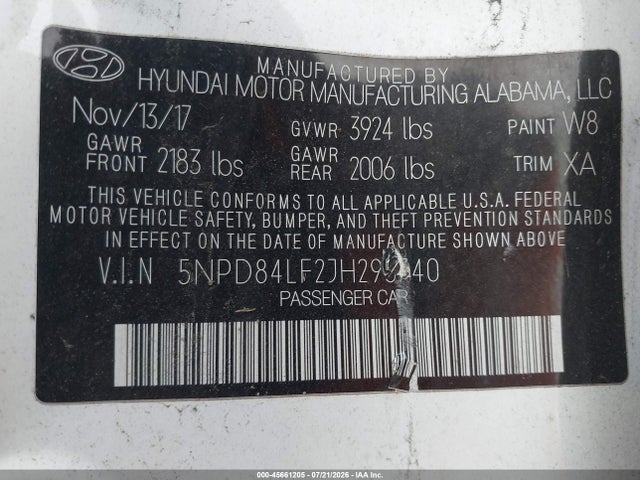 Aukcja sprzedaży 2018 Hyundai Elantra Value Edition, vin: 5NPD84LF2JH295740, numer aukcji: 45661205