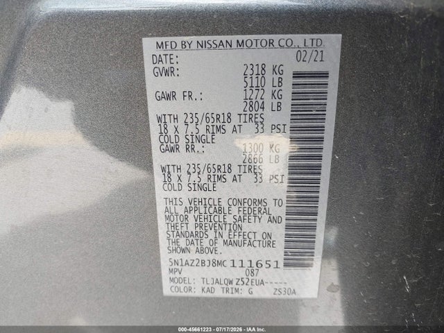 Продажа на аукционе авто 2021 Nissan Murano Sv Fwd, vin: 5N1AZ2BJ8MC111651, номер лота: 45661223