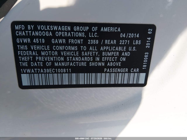 Aukcja sprzedaży 2014 Volkswagen Passat 1.8t Wolfsburg Edition, vin: 1VWAT7A39EC100811, numer aukcji: 45661242