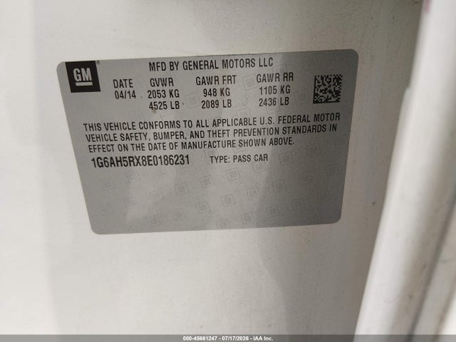 45661247 :رقم المزاد ، 1G6AH5RX8E0186231 vin ، 2014 Cadillac Ats Luxury مزاد بيع