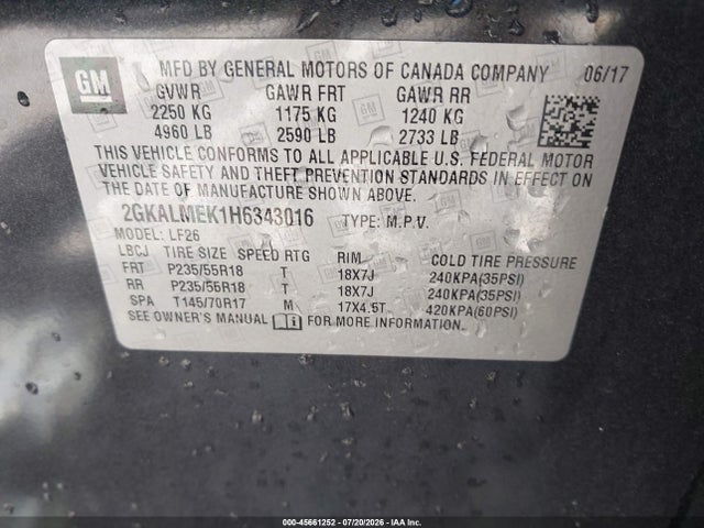 Aukcja sprzedaży 2017 Gmc Terrain Sle-1, vin: 2GKALMEK1H6343016, numer aukcji: 45661252